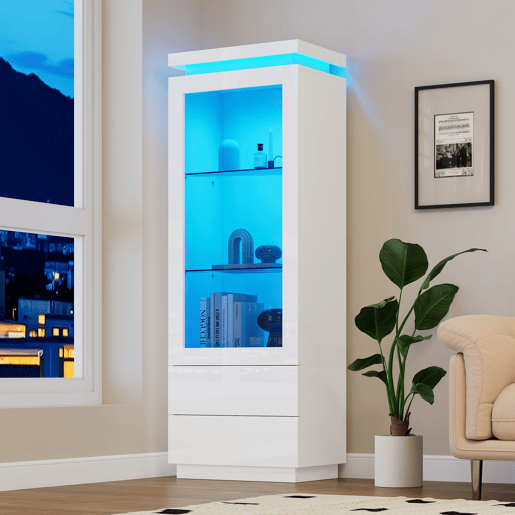 Vitrine 60x40x171 cm - Armário alto com 2 gavetas, LED, portas de vidro e abatÃveis - Branco Vitrine 60x40x171 cm - Armário alto com 2 gavetas, LED, portas de vidro e abatÃveis - Branco
