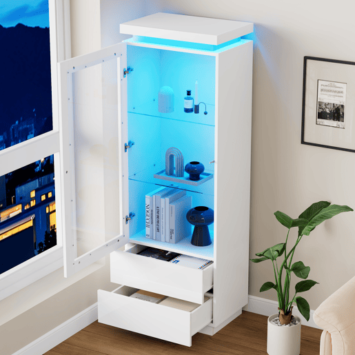 Vitrine 60x40x171 cm - Armário alto com 2 gavetas, LED, portas de vidro e abatÃveis - Branco Vitrine 60x40x171 cm - Armário alto com 2 gavetas, LED, portas de vidro e abatÃveis - Branco