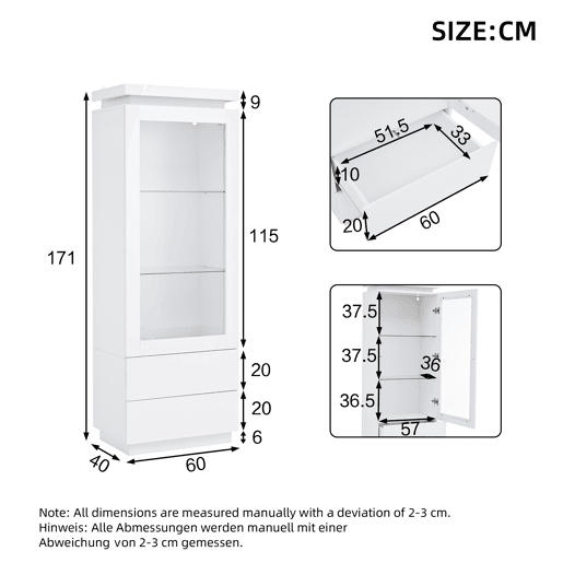 Vitrine 60x40x171 cm - Armário alto com 2 gavetas, LED, portas de vidro e abatÃveis - Branco Vitrine 60x40x171 cm - Armário alto com 2 gavetas, LED, portas de vidro e abatÃveis - Branco