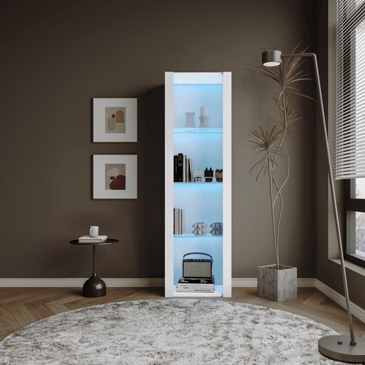 Vitrine de pé 55×38×166 cm - Com 3 prateleiras de vidro, iluminação LED - Branca Vitrine de pé 55×38×166 cm - Com 3 prateleiras de vidro, iluminação LED - Branca