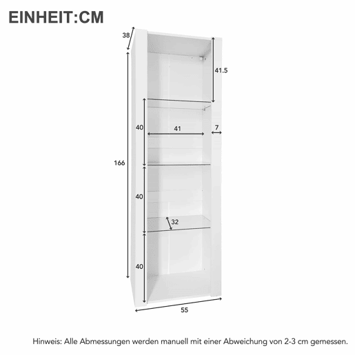 Vitrine de pé 55×38×166 cm - Com 3 prateleiras de vidro, iluminação LED - Branca Vitrine de pé 55×38×166 cm - Com 3 prateleiras de vidro, iluminação LED - Branca
