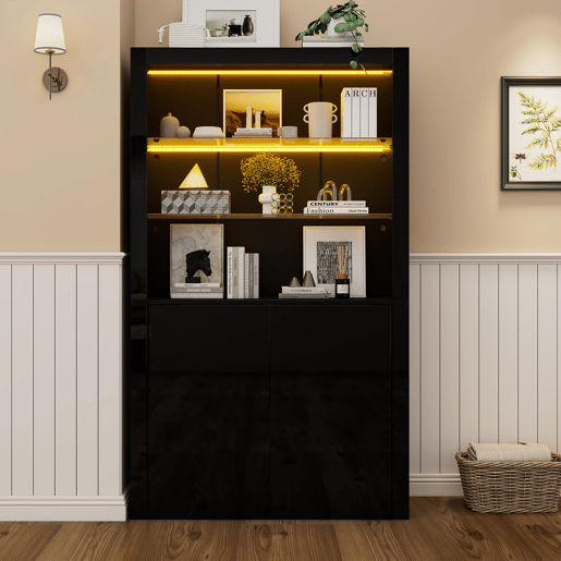 Vitrine 100x35x170 cm - Highboard com LED, 2 portas e prateleiras de vidro - Preto Vitrine 100x35x170 cm - Highboard com LED, 2 portas e prateleiras de vidro - Preto