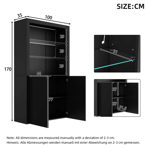 Vitrine 100x35x170 cm - Highboard com LED, 2 portas e prateleiras de vidro - Preto Vitrine 100x35x170 cm - Highboard com LED, 2 portas e prateleiras de vidro - Preto
