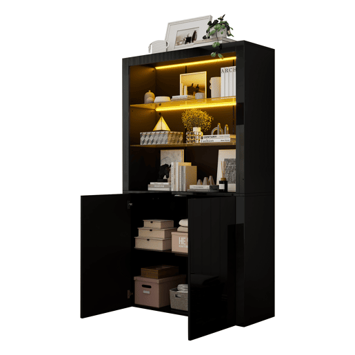 Vitrine 100x35x170 cm - Highboard com LED, 2 portas e prateleiras de vidro - Preto Vitrine 100x35x170 cm - Highboard com LED, 2 portas e prateleiras de vidro - Preto