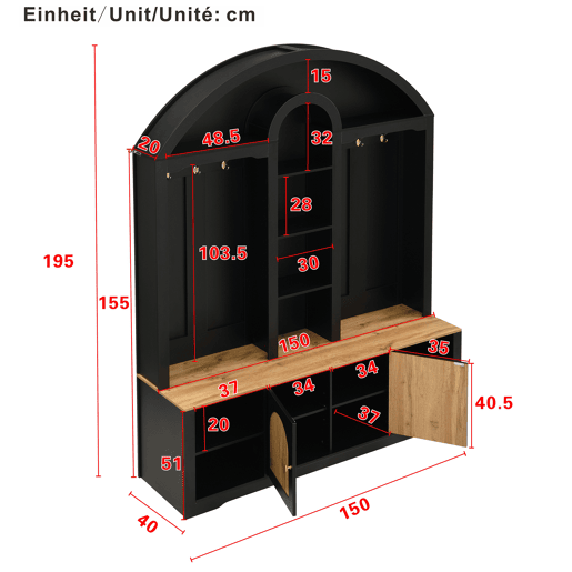 Armário multifuncional para hall de entrada 150 cm - com sapateira, prateleiras e ganchos - Preto Armário multifuncional para hall de entrada 150 cm - com sapateira, prateleiras e ganchos - Preto