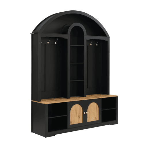 Armário multifuncional para hall de entrada 150 cm - com sapateira, prateleiras e ganchos - Preto Armário multifuncional para hall de entrada 150 cm - com sapateira, prateleiras e ganchos - Preto