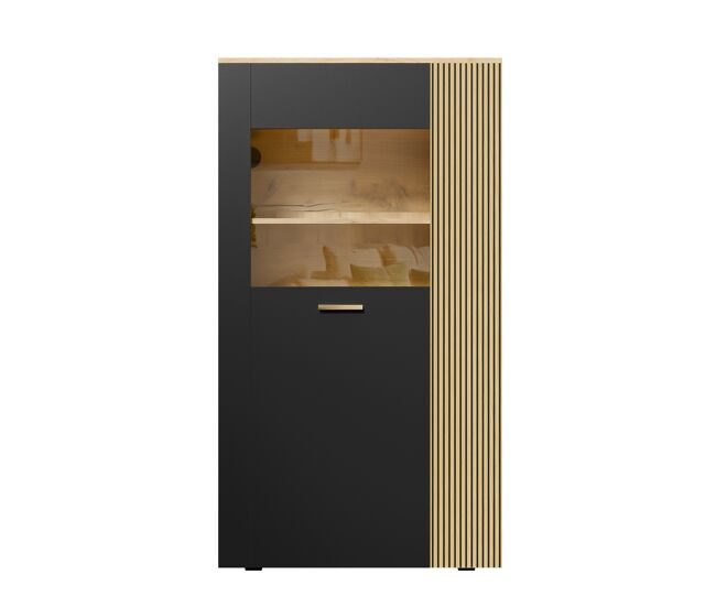 Armario de almacenamiento moderno pb con led 16 colores - 3 estantes fijos, 2 ajustables, puertas de vidrio - negro, natural