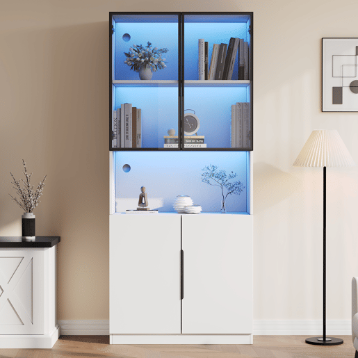 Vitrine 80x30x200 cm - Moderna minimalista com LED, prateleiras ajustáveis - Branco