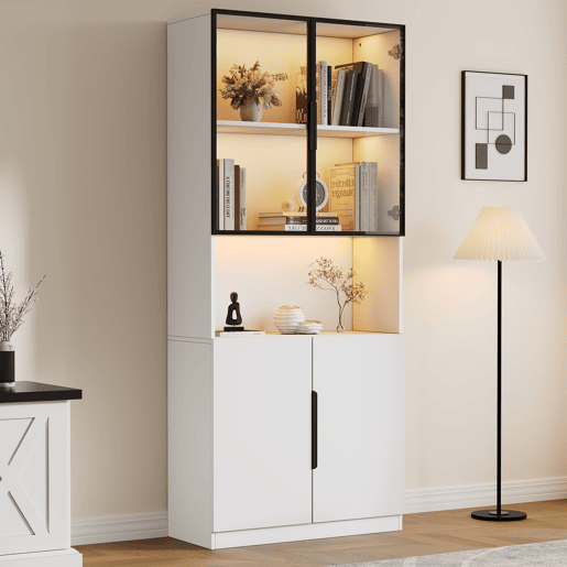 Vitrine 80x30x200 cm - Moderna minimalista com LED, prateleiras ajustáveis - Branco