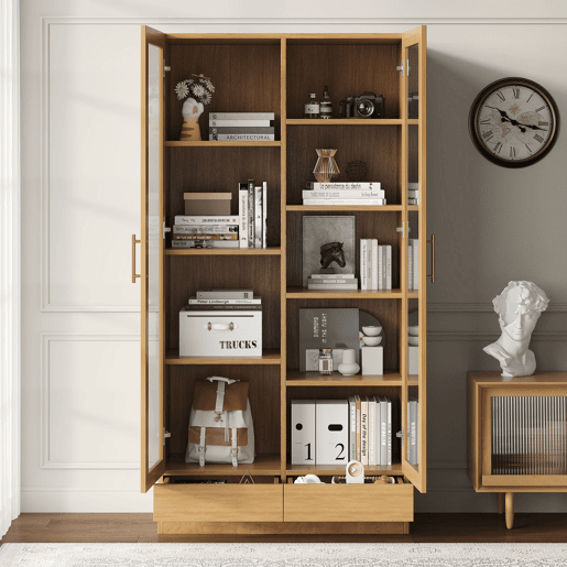 Vitrine de vidro 80x40x160 cm - Prateleiras fixas deslocadas, gavetas push-to-open - Madeira natural Vitrine de vidro 80x40x160 cm - Prateleiras fixas deslocadas, gavetas push-to-open - Madeira natural