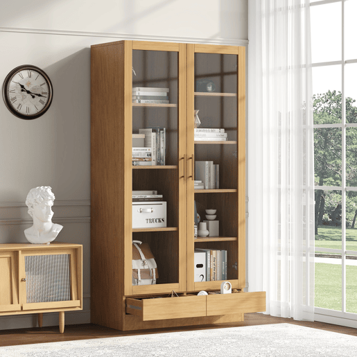 Vitrine de vidro 80x40x160 cm - Prateleiras fixas deslocadas, gavetas push-to-open - Madeira natural Vitrine de vidro 80x40x160 cm - Prateleiras fixas deslocadas, gavetas push-to-open - Madeira natural