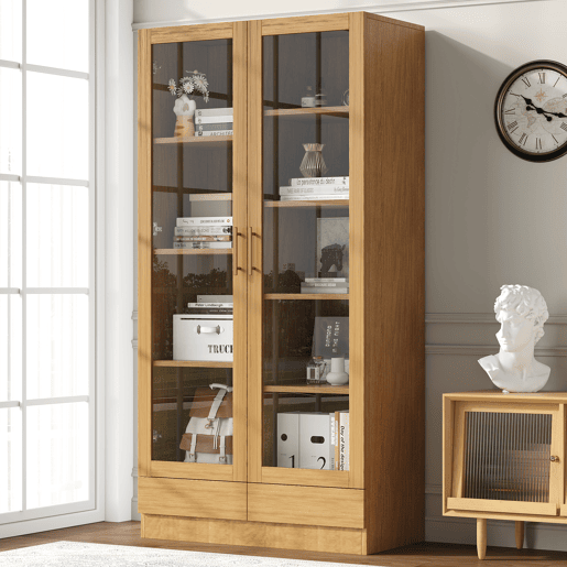 Vitrine de vidro 80x40x160 cm - Prateleiras fixas deslocadas, gavetas push-to-open - Madeira natural Vitrine de vidro 80x40x160 cm - Prateleiras fixas deslocadas, gavetas push-to-open - Madeira natural