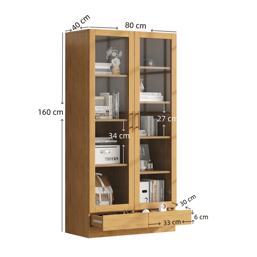 Vitrine de vidro 80x40x160 cm - Prateleiras fixas deslocadas, gavetas push-to-open - Madeira natural Vitrine de vidro 80x40x160 cm - Prateleiras fixas deslocadas, gavetas push-to-open - Madeira natural