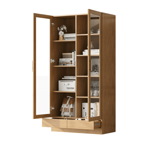 Vitrine de vidro 80x40x160 cm - Prateleiras fixas deslocadas, gavetas push-to-open - Madeira natural Vitrine de vidro 80x40x160 cm - Prateleiras fixas deslocadas, gavetas push-to-open - Madeira natural