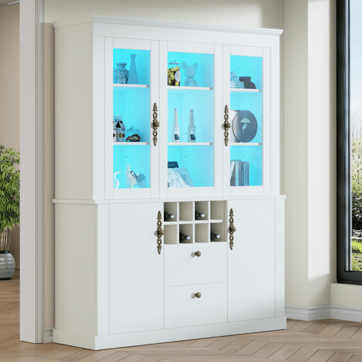 Vitrine 130x37,5x170,5 cm - 2 gavetas, 4 portas, LED, 8 garrafeiras - Branco Vitrine 130x37,5x170,5 cm - 2 gavetas, 4 portas, LED, 8 garrafeiras - Branco