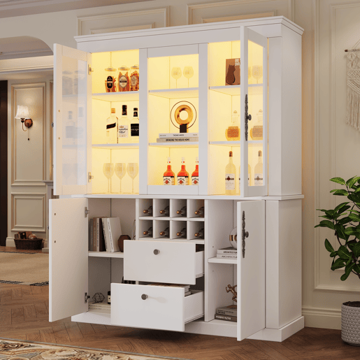 Vitrine 130x37,5x170,5 cm - 2 gavetas, 4 portas, LED, 8 garrafeiras - Branco Vitrine 130x37,5x170,5 cm - 2 gavetas, 4 portas, LED, 8 garrafeiras - Branco