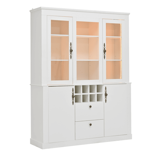 Vitrine 130x37,5x170,5 cm - 2 gavetas, 4 portas, LED, 8 garrafeiras - Branco Vitrine 130x37,5x170,5 cm - 2 gavetas, 4 portas, LED, 8 garrafeiras - Branco