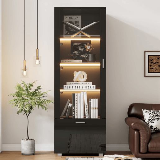 Vitrine preta de alto brilho - Vitrine com portas de vidro, iluminação LED, 3 prateleiras, para colecionáveis e perfumes - Preto Vitrine preta de alto brilho - Vitrine com portas de vidro, iluminação LED, 3 prateleiras, para colecionáveis e perfumes - Preto