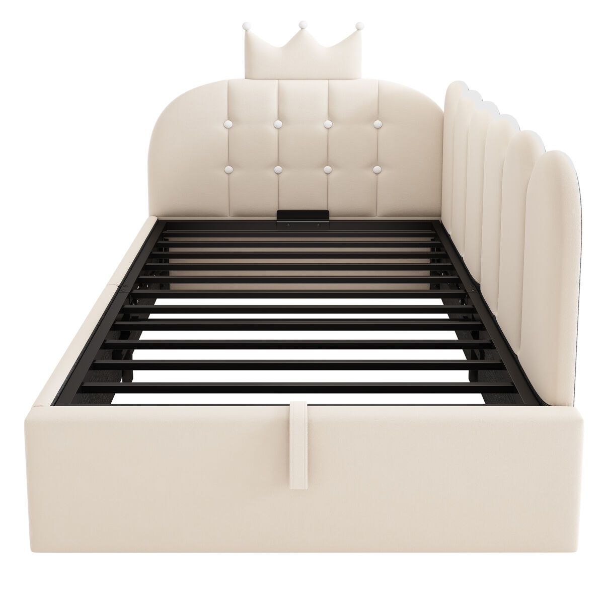 Sofá cama tapizado 90x190 cm - hidráulico con almacenamiento, forma l, diseño corona en rejilla de terciopelo, sin colchón - beige