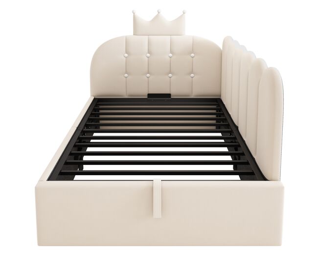 Sofá cama tapizado 90x190 cm - hidráulico con almacenamiento, forma l, diseño corona en rejilla de terciopelo, sin colchón - beige