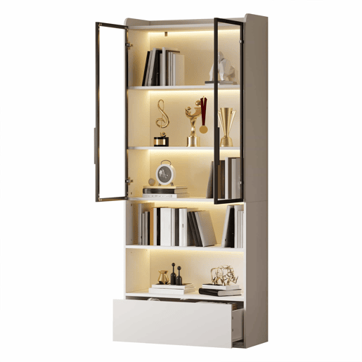 Vitrine alta 80 x 34 x 180 cm - com 1 gaveta, portas de vidro, iluminação LED e compartimentos abertos, armário de exposição para sala de estar - Branco Vitrine alta 80 x 34 x 180 cm - com 1 gaveta, portas de vidro, iluminação LED e compartimentos abertos, armário de exposição para sala de estar - Branco