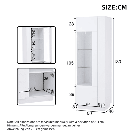 Vitrine 60x40x180 cm - Porta acrÃlica, LED, 3 prateleiras de vidro, alto brilho - Branco Vitrine 60x40x180 cm - Porta acrÃlica, LED, 3 prateleiras de vidro, alto brilho - Branco
