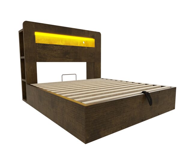 Cama plataforma 140x200 - almacenamiento, sistema hidráulico, led en cabecero, enchufes integrados - madera vintage