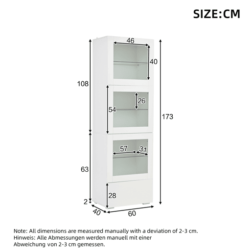 Vitrine 60x40x173 cm - Portas acrÃlicas, LED, 3 prateleiras de vidro, alto brilho - Branco Vitrine 60x40x173 cm - Portas acrÃlicas, LED, 3 prateleiras de vidro, alto brilho - Branco