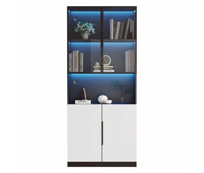 Vitrina 80x30x200 cm con led - 4 puertas (2 de cristal) - blanco y negro