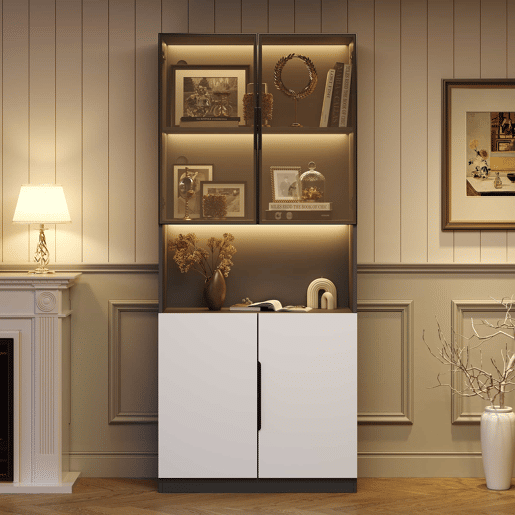 Vitrina 80x30x200 cm com LED - 4 portas (2 portas de vidro) - Preto e branco Vitrina 80x30x200 cm com LED - 4 portas (2 portas de vidro) - Preto e branco