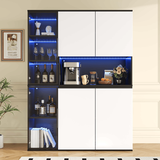 Vitrine alta sem dimensões específicas - vidro, LED, MDF, grande capacidade de arrumação - preto e branco Vitrine alta sem dimensões específicas - vidro, LED, MDF, grande capacidade de arrumação - preto e branco