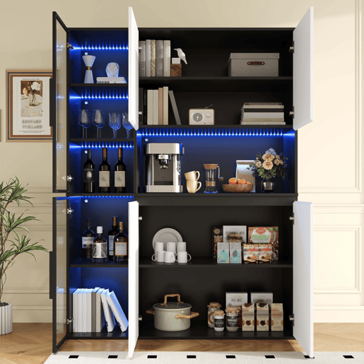 Vitrine alta sem dimensões específicas - vidro, LED, MDF, grande capacidade de arrumação - preto e branco Vitrine alta sem dimensões específicas - vidro, LED, MDF, grande capacidade de arrumação - preto e branco