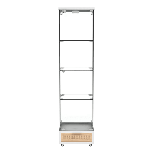 Vitrine moderna 167 x 42,5 x 36,5 cm - com gavetas e iluminação LED, prateleira em vidro temperado, 1 porta, 4 prateleiras - branca