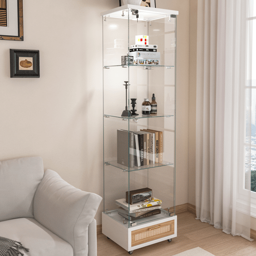 Vitrine moderna 167 x 42,5 x 36,5 cm - com gavetas e iluminação LED, prateleira em vidro temperado, 1 porta, 4 prateleiras - branca