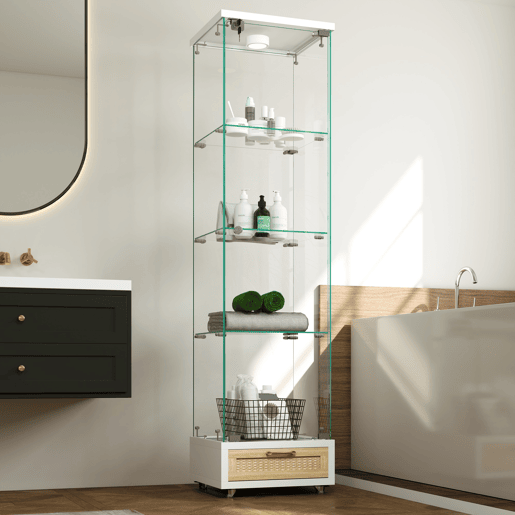 Vitrine moderna 167 x 42,5 x 36,5 cm - com gavetas e iluminação LED, prateleira em vidro temperado, 1 porta, 4 prateleiras - branca
