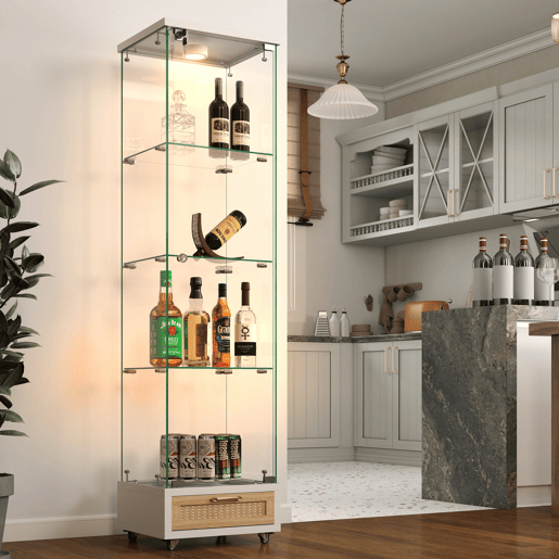 Vitrine moderna 167 x 42,5 x 36,5 cm - com gavetas e iluminação LED, prateleira em vidro temperado, 1 porta, 4 prateleiras - branca
