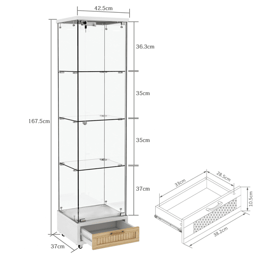 Vitrine moderna 167 x 42,5 x 36,5 cm - com gavetas e iluminação LED, prateleira em vidro temperado, 1 porta, 4 prateleiras - branca