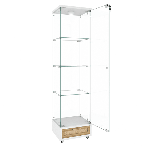 Vitrine moderna 167 x 42,5 x 36,5 cm - com gavetas e iluminação LED, prateleira em vidro temperado, 1 porta, 4 prateleiras - branca