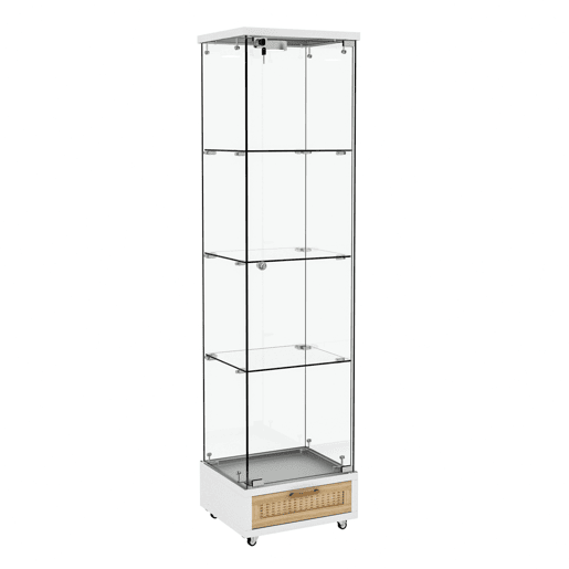 Vitrine moderna 167 x 42,5 x 36,5 cm - com gavetas e iluminação LED, prateleira em vidro temperado, 1 porta, 4 prateleiras - branca