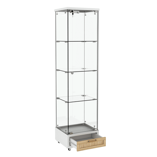 Vitrine moderna 167 x 42,5 x 36,5 cm - com gavetas e iluminação LED, prateleira em vidro temperado, 1 porta, 4 prateleiras - branca