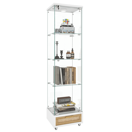 Vitrine moderna 167 x 42,5 x 36,5 cm - com gavetas e iluminação LED, prateleira em vidro temperado, 1 porta, 4 prateleiras - branca