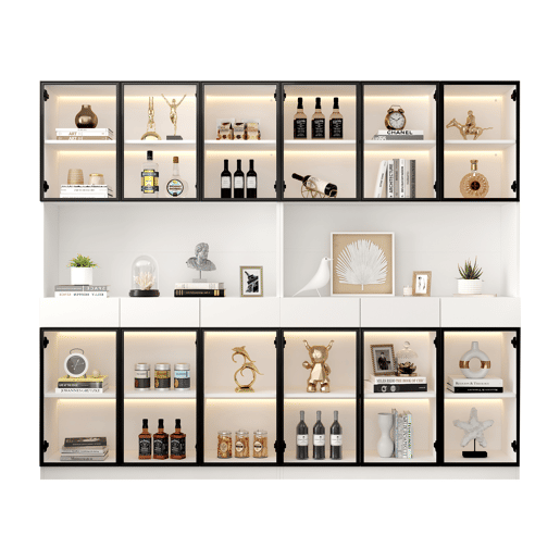 Vitrine de vidro 200 cm - Com luzes LED, prateleira multiusos para coleção, branca - Moldura da porta preta Vitrine de vidro 200 cm - Com luzes LED, prateleira multiusos para coleção, branca - Moldura da porta preta
