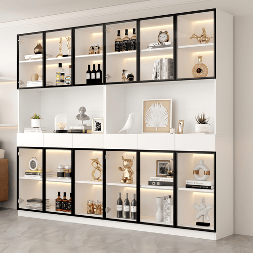 Vitrine de vidro 200 cm - Com luzes LED, prateleira multiusos para coleção, branca - Moldura da porta preta Vitrine de vidro 200 cm - Com luzes LED, prateleira multiusos para coleção, branca - Moldura da porta preta