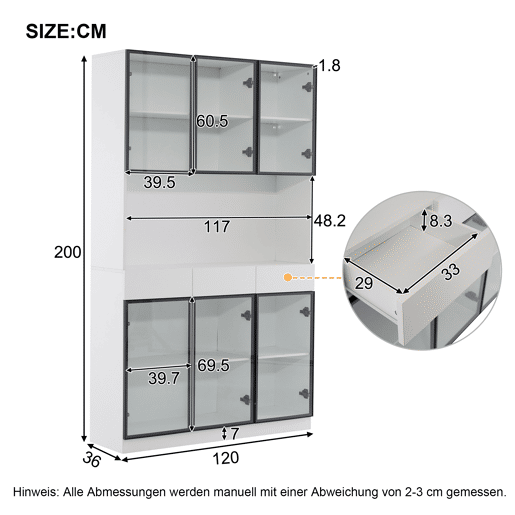 Vitrine de vidro 200 cm - Com luzes LED, prateleira multiusos para coleção, branca - Moldura da porta preta Vitrine de vidro 200 cm - Com luzes LED, prateleira multiusos para coleção, branca - Moldura da porta preta