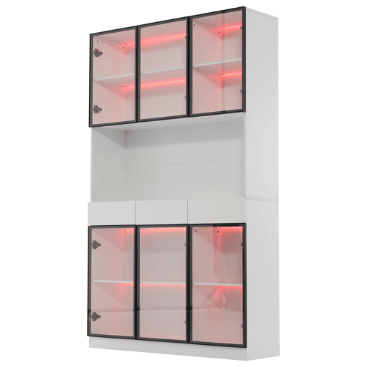 Vitrine de vidro 200 cm - Com luzes LED, prateleira multiusos para coleção, branca - Moldura da porta preta Vitrine de vidro 200 cm - Com luzes LED, prateleira multiusos para coleção, branca - Moldura da porta preta
