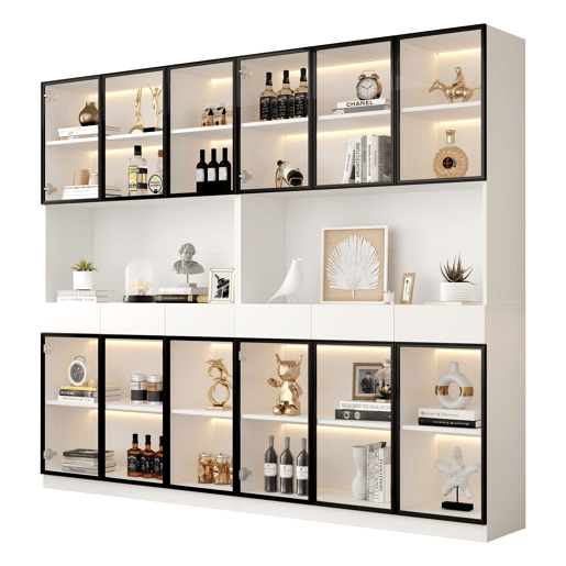 Vitrine de vidro 200 cm - Com luzes LED, prateleira multiusos para coleção, branca - Moldura da porta preta Vitrine de vidro 200 cm - Com luzes LED, prateleira multiusos para coleção, branca - Moldura da porta preta