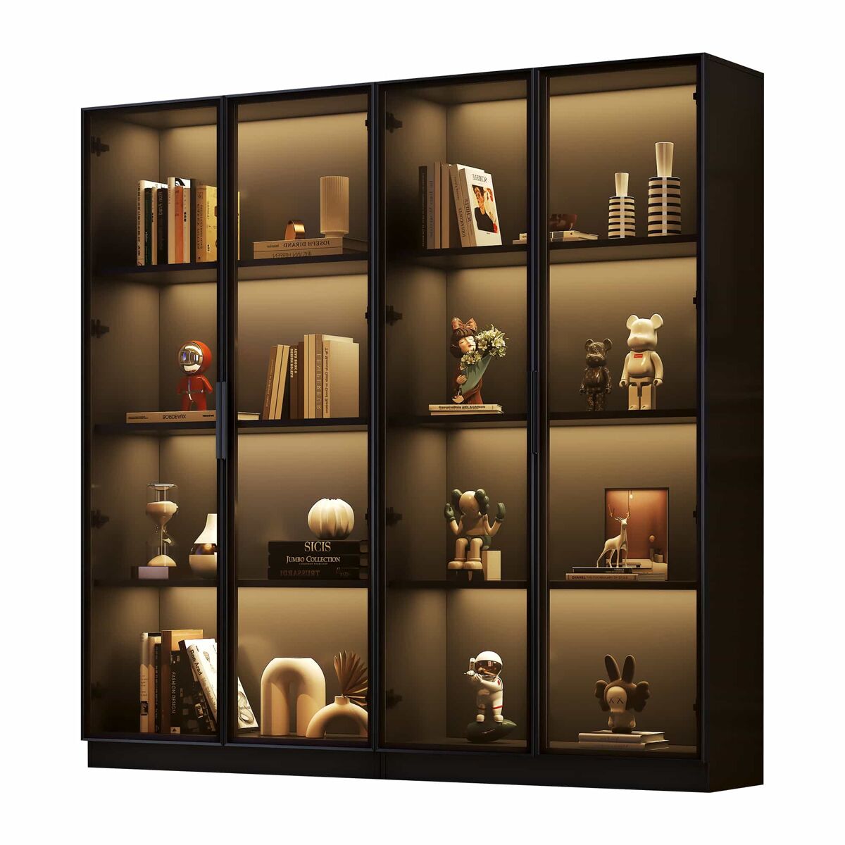 Vitrina de cristal con iluminación led controlada por app - 4 puertas, estanterías móviles, armario para salón, armario independiente, armario de baño