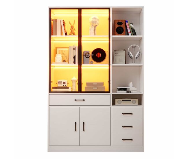 Vitrina alta 120x35x200 cm - 13 compartimentos, 4 cajones, puertas con led - blanco