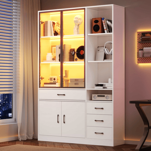 Vitrine alta 120 x 35 x 200 cm - 13 compartimentos, 4 gavetas, portas com LED - Branco Vitrine alta 120 x 35 x 200 cm - 13 compartimentos, 4 gavetas, portas com LED - Branco