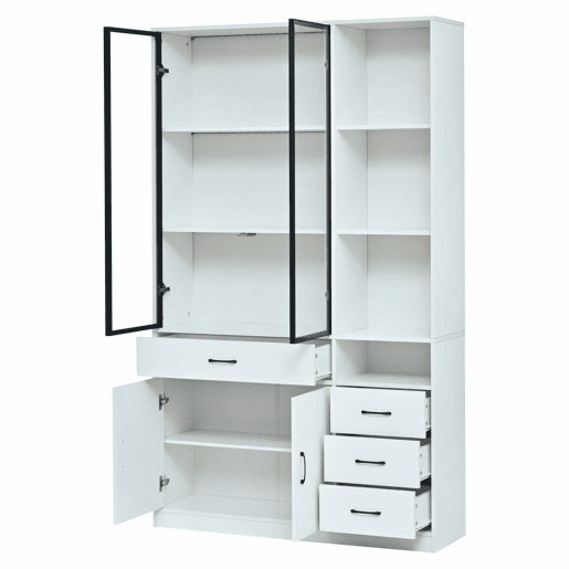 Vitrine alta 120 x 35 x 200 cm - 13 compartimentos, 4 gavetas, portas com LED - Branco Vitrine alta 120 x 35 x 200 cm - 13 compartimentos, 4 gavetas, portas com LED - Branco
